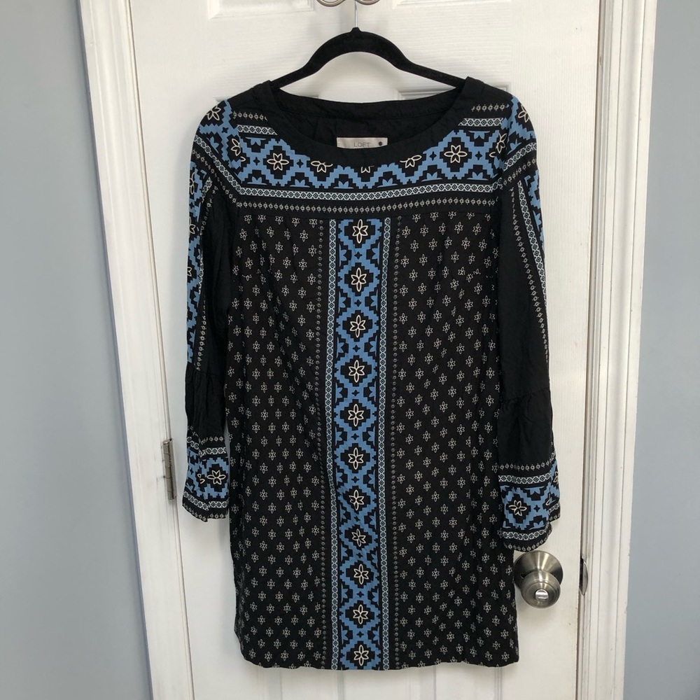 Loft Black Blue Mosaic Bell Sleeve Shift Dress Loose Fit Boho Small Cottagecore
